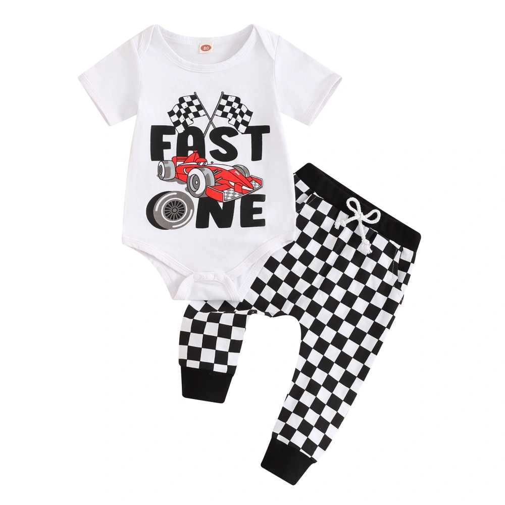 Baby Boys Birthday Outfit, Short Sleeve Racer Print Romper Plaid Pants