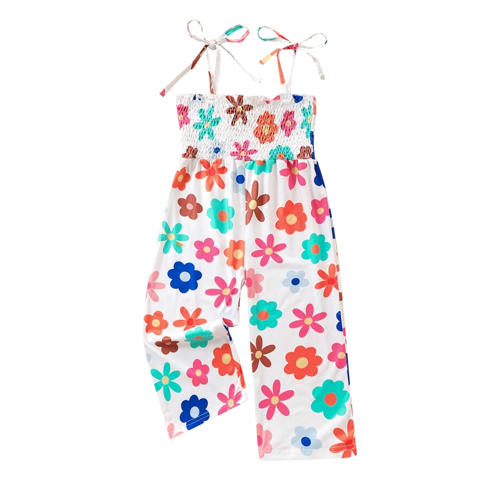 Girls Full Length Jumpsuit Floral Print Sleeveless Tie-Up Overalls