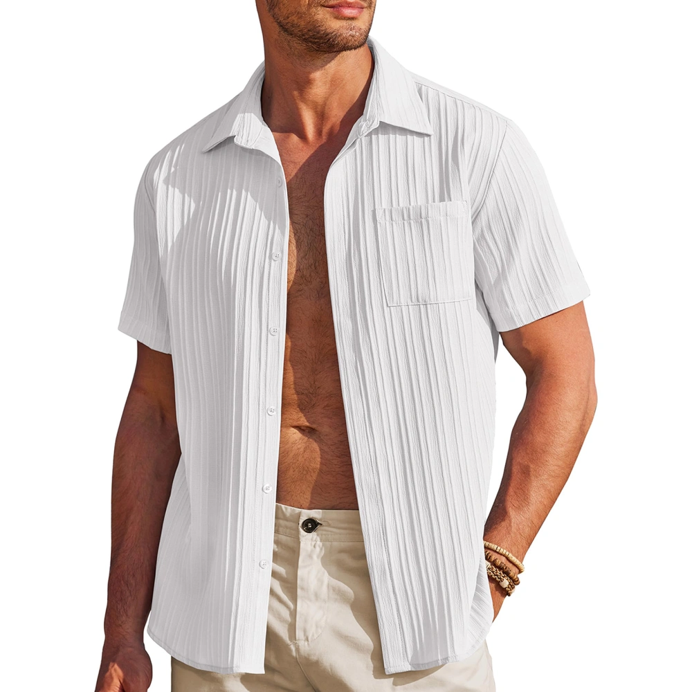 Men's Summer Shirt Solid Pleated Short Sleeve Lapel Button-Down Tops