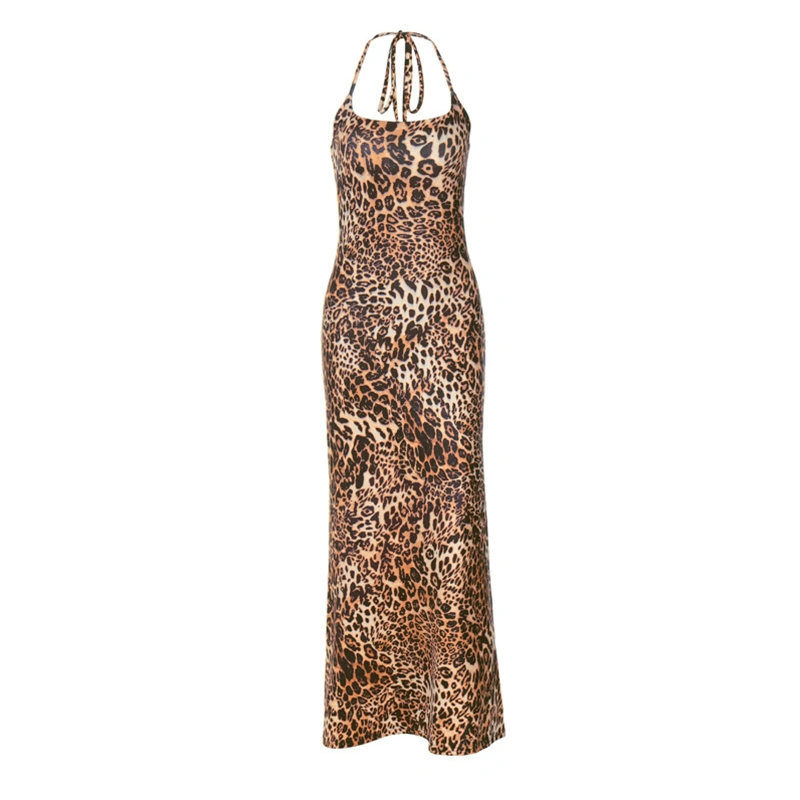 Women Cami Dress Leopard Print Spaghetti Strap Sleeveless Long Dress