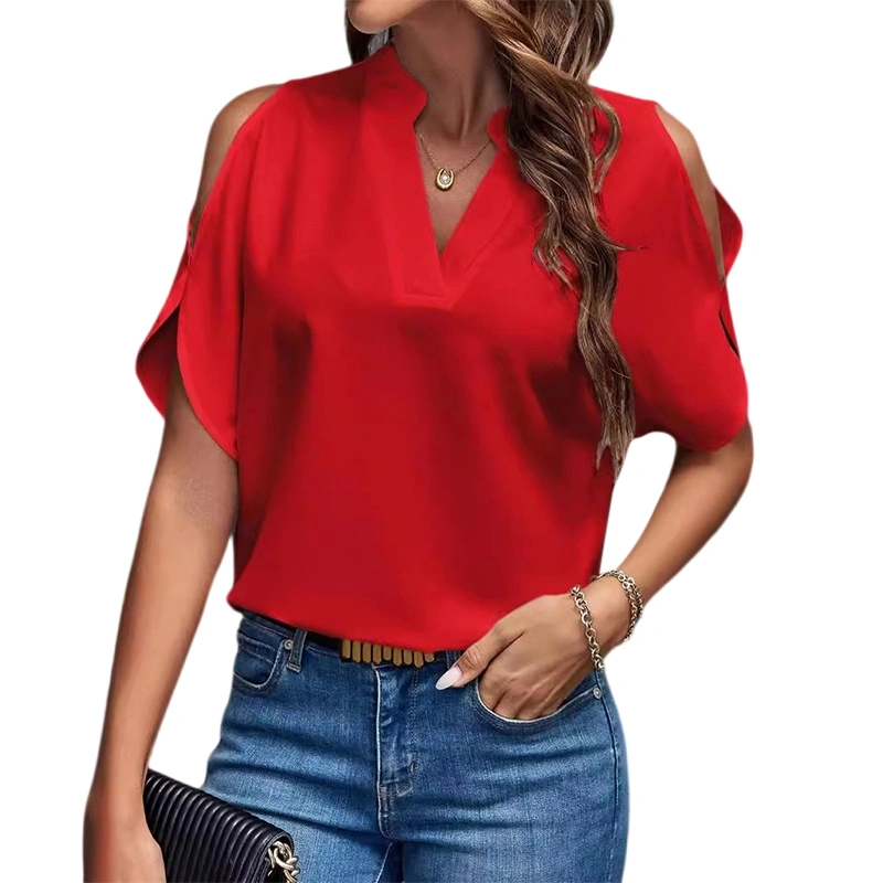 Women Blouse, Cold Shoulder V Neck Solid Loose Elegant Summer T-shirt