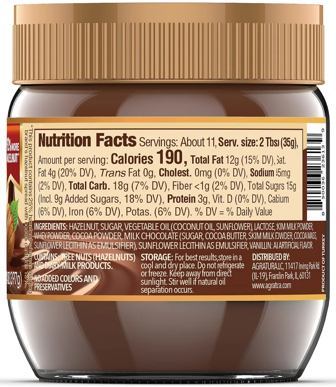 Nutio Milk Chocolate Hazelnut Spread, More Hazelnut, Less Added Sugar, Palm Oil and Gluten Free, Non GMO, Peanut Free, 14 oz (1 Pack) Glass Jar