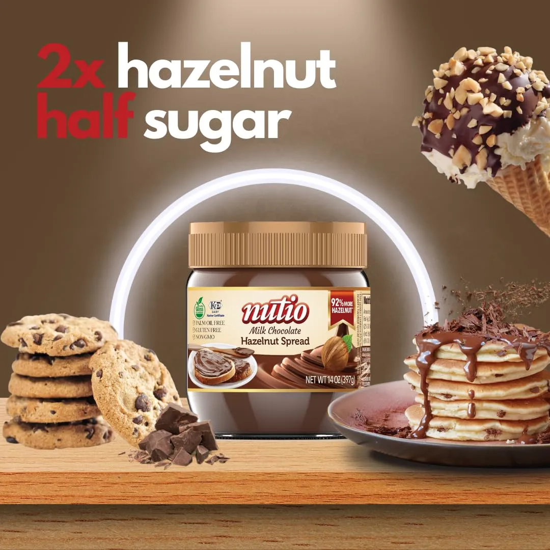 Nutio Milk Chocolate Hazelnut Spread, More Hazelnut, Less Added Sugar, Palm Oil and Gluten Free, Non GMO, Peanut Free, 14 oz (1 Pack) Glass Jar