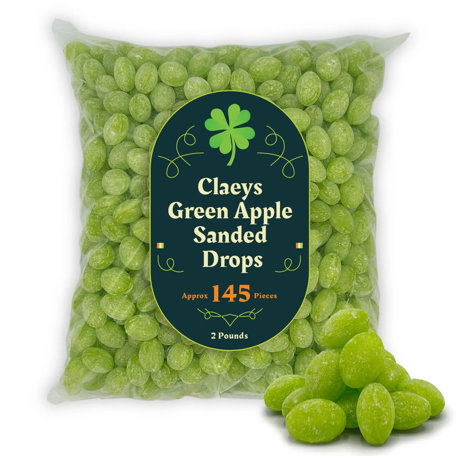 Claeys Green Apple Sanded Drops 2LB Approx 145 Hard Candy Drops - St Patricks Day Green Snacks & Treats, Bulk Candy Green Suckers - Hard Candy St Patricks Day Snacks for Kids & Adults