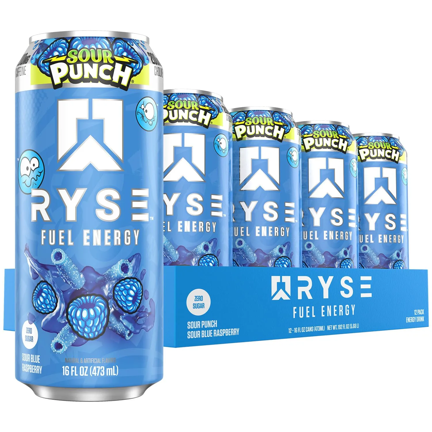 RYSE Fuel Energy Drink - On The Go Energy - Zero Sugar - RYSE Up Supplements - 200mg Caffeine - 16 Fl Oz (12-Pack) (Sour Punch Blue Raspberry)