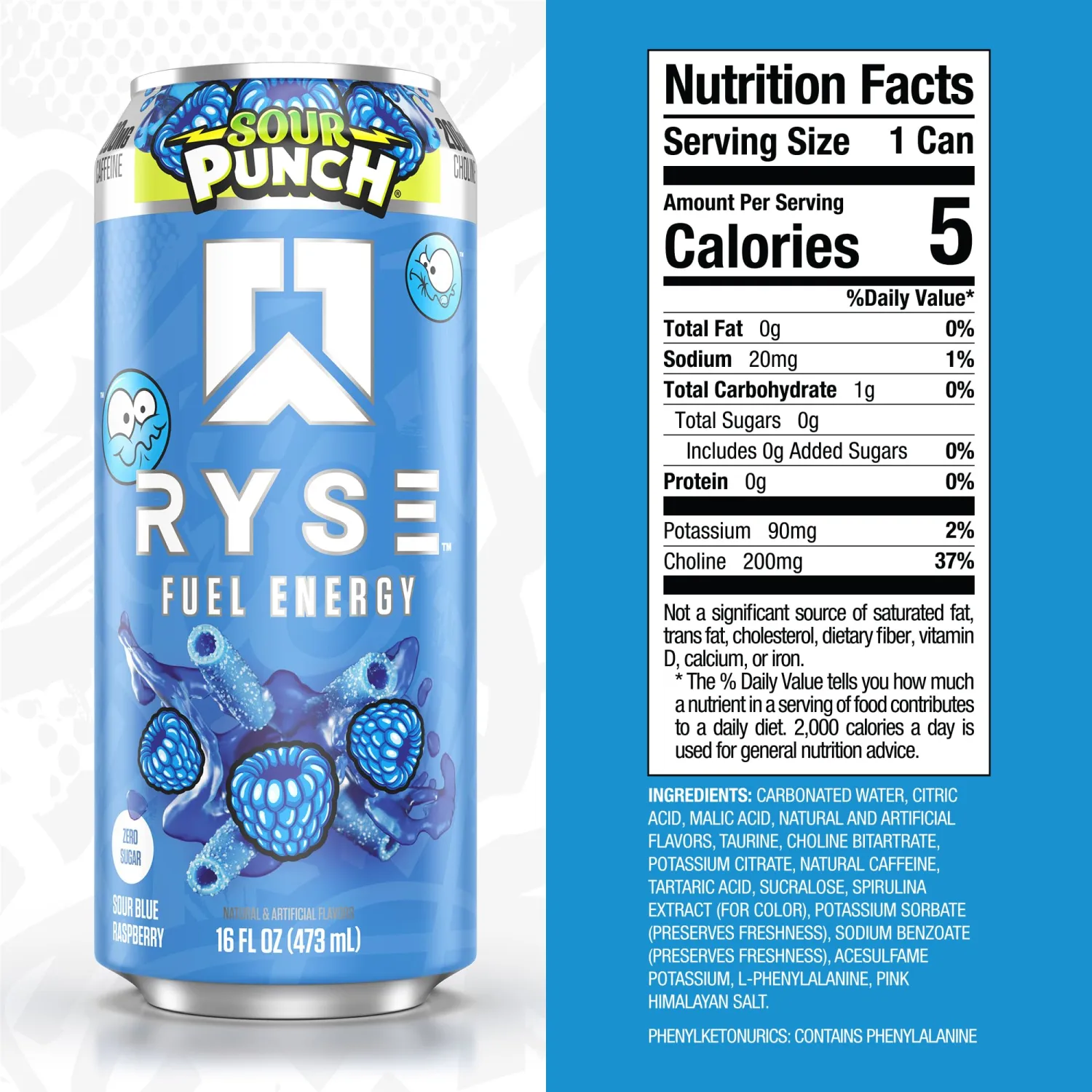 RYSE Fuel Energy Drink - On The Go Energy - Zero Sugar - RYSE Up Supplements - 200mg Caffeine - 16 Fl Oz (12-Pack) (Sour Punch Blue Raspberry)