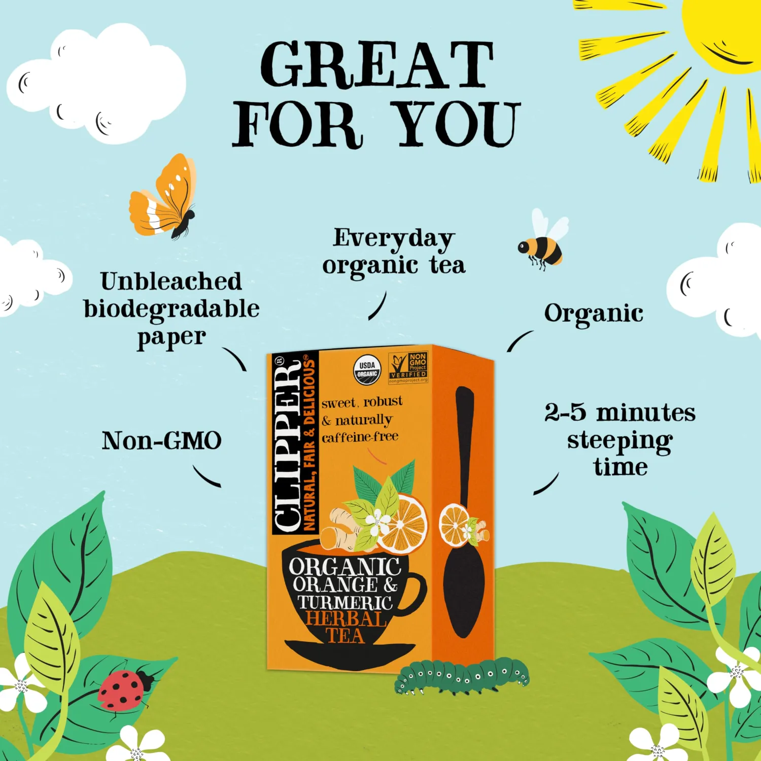 Clipper Tea, Orange & Turmeric, Organic Tea with Licorice Root, Orange Peel and Hibiscus, Plant Based Herbal Tea, Caffeine Free British Tea, 1 Pack, 20 Unbleached Tea Bags