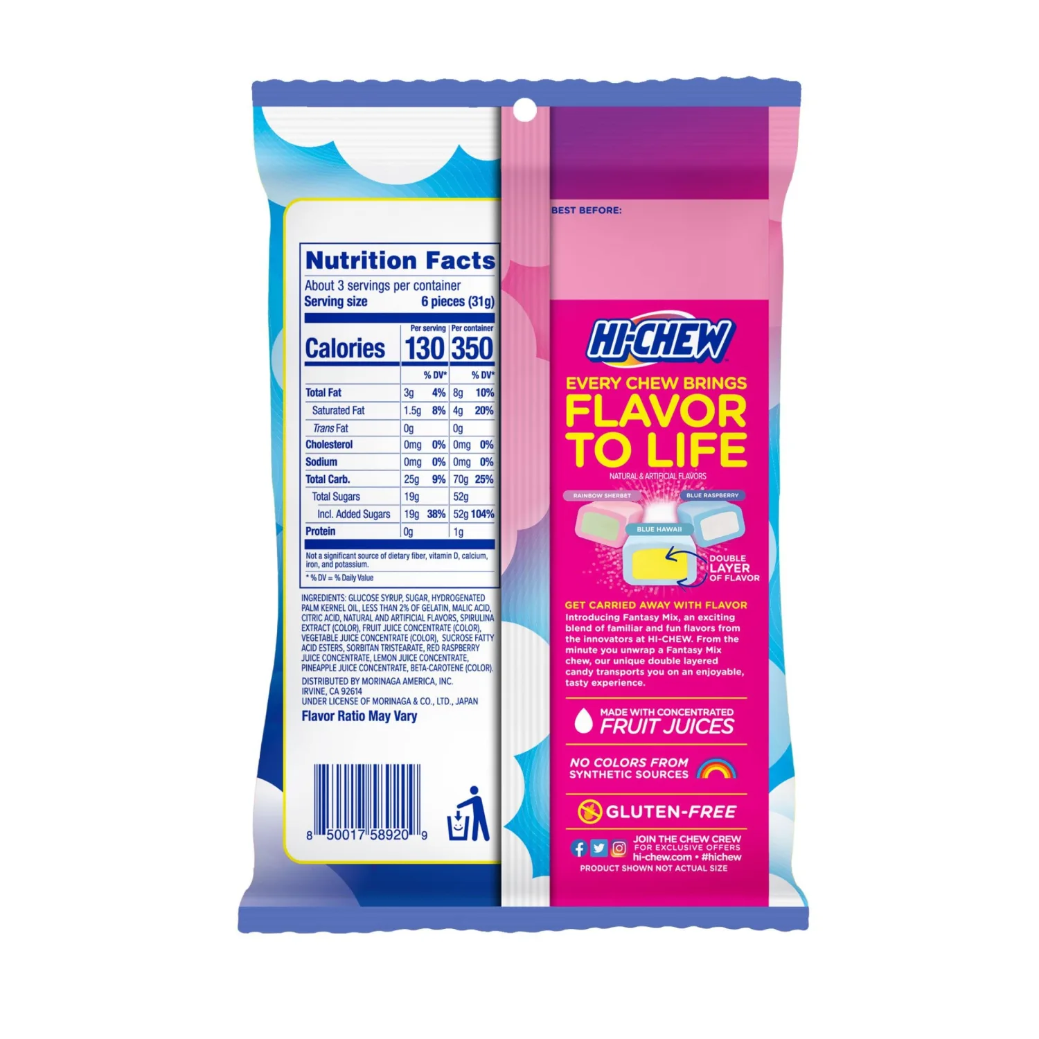 HI-CHEW Fantasy Mix, 6 Bags, 3oz each - Rainbow Sherbet Blue Hawaii Blue Raspberry - Unique Fun Soft & Chewy Taffy Candy - Immensely Juicy Fruit Flavors - Individually Wrapped for Sharing