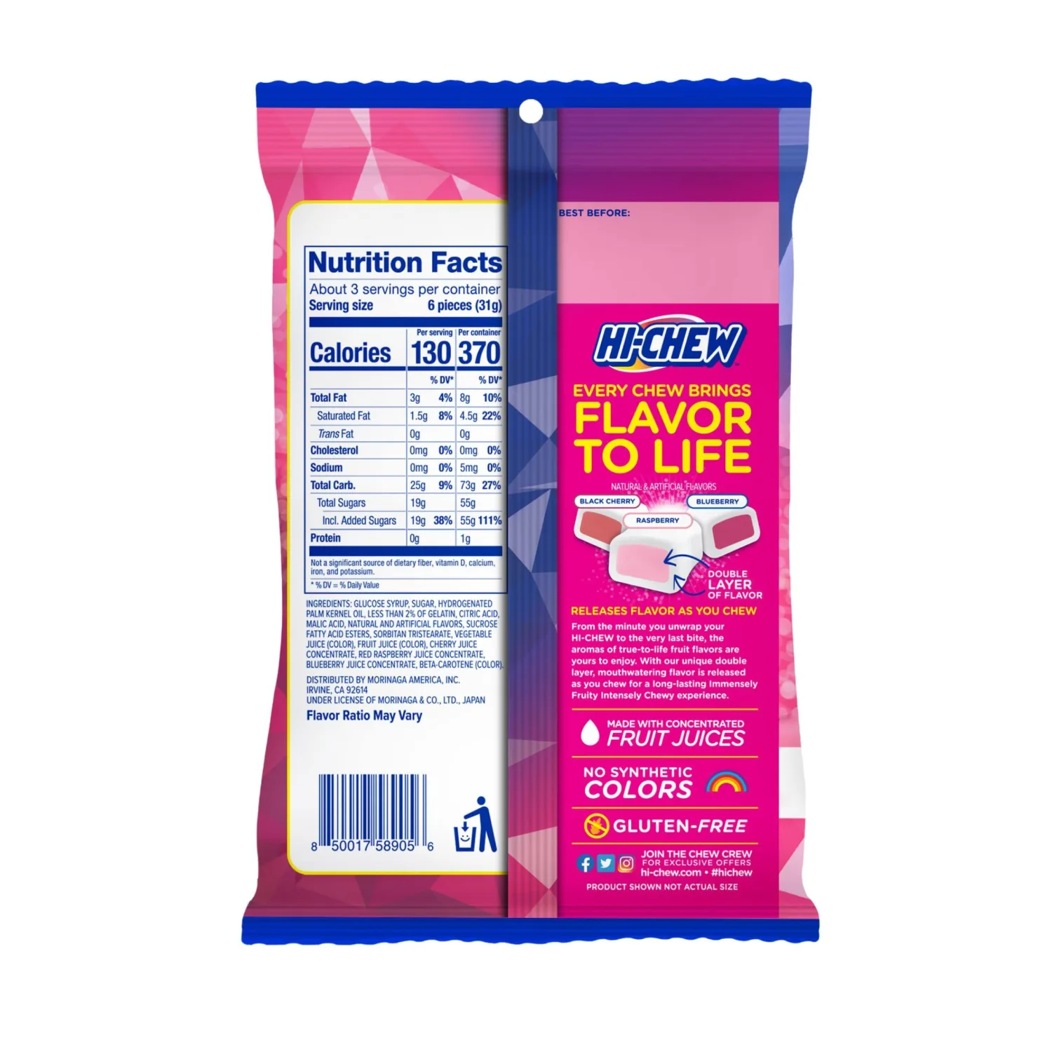 HI-CHEW Berry Mix, Pack of 6 Bags, 3.17oz each | Blackberry Cherry Raspberry | Unique Fun Soft & Chewy Taffy Candy | Immensely Juicy Fruit Flavors | Individually Wrapped for Sharing