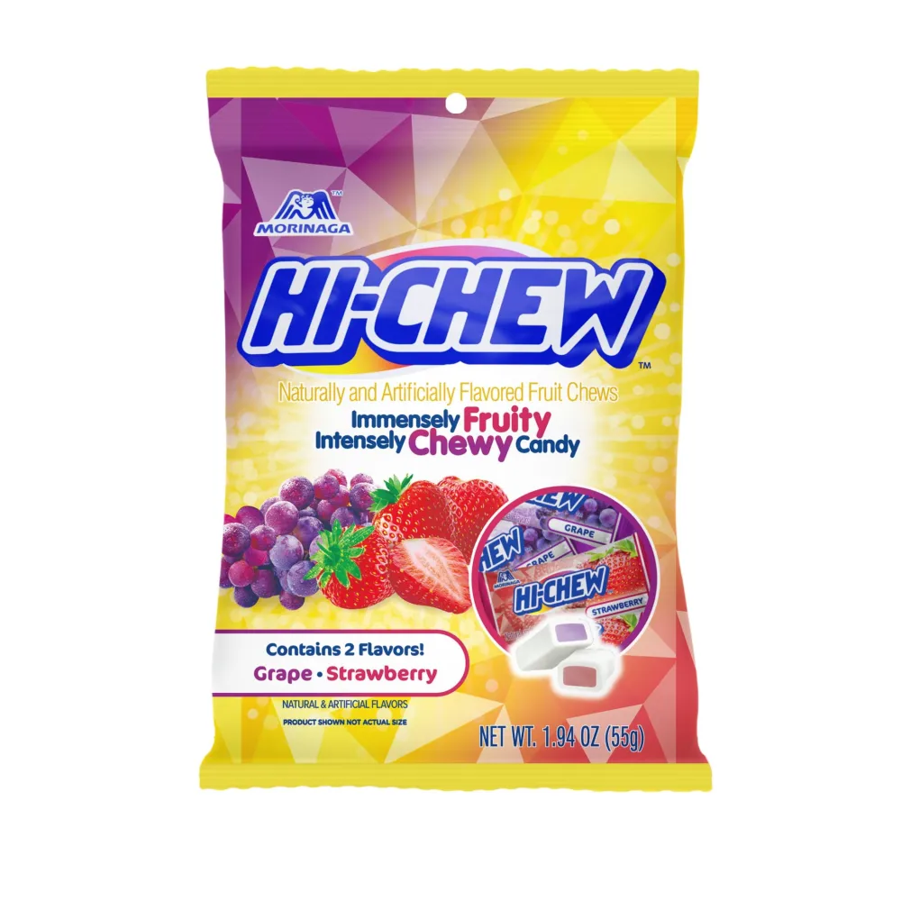 HI-CHEW Grape & Strawberry Mix, Pack of 8 Bags, 1.94oz each - Grape & Strawberry - Unique Fun Soft & Chewy Taffy Candy - Immensely Juicy Fruit Flavors - Individually Wrapped for Sharing