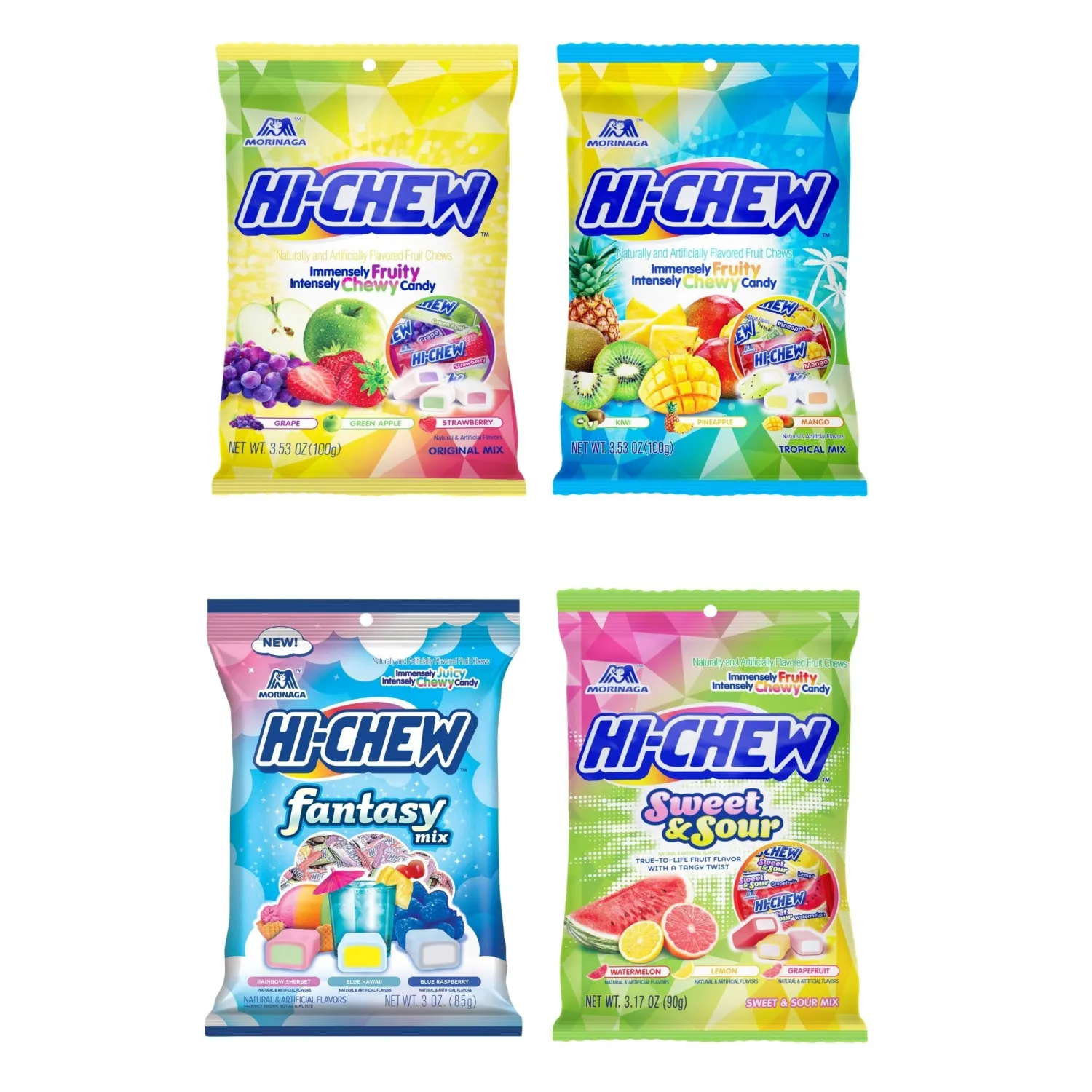 HI-CHEW Variety Mix, Pack of 4 Bags - Unique Fun Soft & Chewy Taffy Candy - Immensely Juicy Fruit Flavors - Individually Wrapped for Sharing