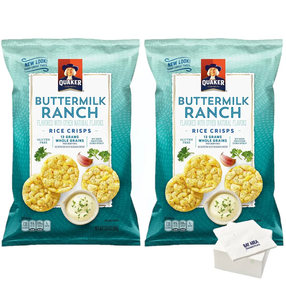 Quaker Rice Crisps, Buttermilk Ranch, 3.03oz Bags, (Pack of 2) with Bay Area Marketplace Napkins