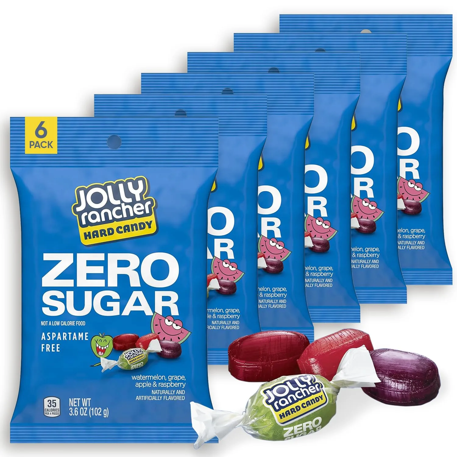 Jolly Ranchr Zero Sugar Assorted Candy, 3.6oz 6 Pack - Individually Wrapped Candy - Tropical Flavors Watermelon, Grape, Raspberry and Apple