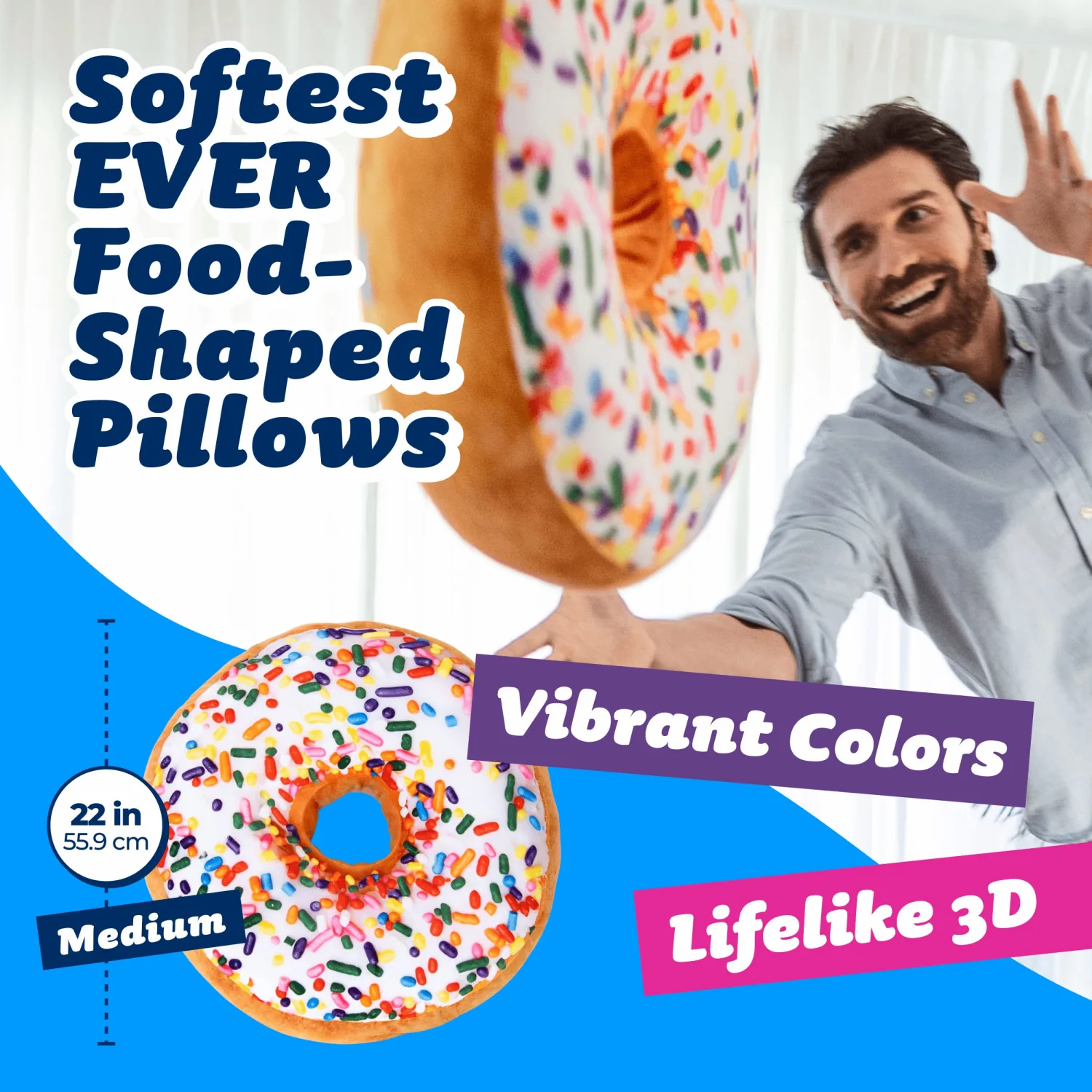22" 3D Sprinkle Donut Throw Pillow - Made with Super Soft & Ultra Premium Fabric - Cute, Comfortable, Plush Stuffed Doughnut Cake Cushion for Home Decor - Best Funny or Teen Gift - Medium