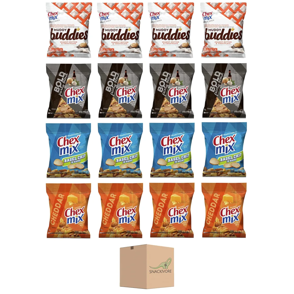 Chex Mix Individual Packs - 16 Count- 4 Each of 4 Flavors of Chex Mix Snack Packs by Snackivore. Includes Muddy Buddy Chex Mix, Bold Chex Mix Party Blend, Bagel Chip, and Cheddar Chex Mix.