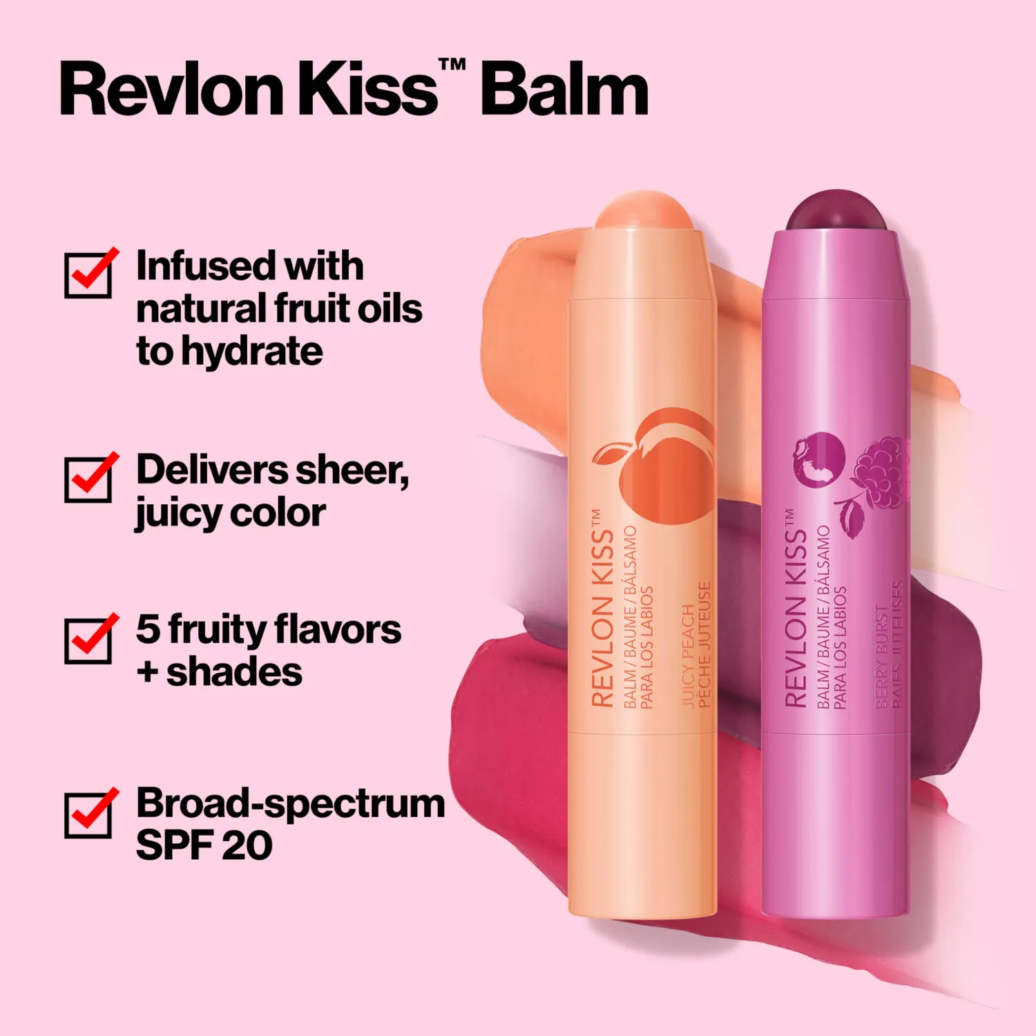 Revlon Kiss Tinted Lip Balm with SPF 20, Hydrating, Flavored, Infused with Natural Fruit Oils, 015 Juicy Peach, 0.09 oz