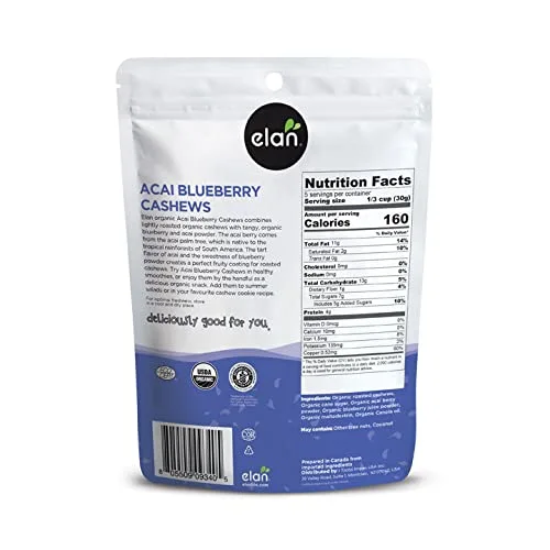 Elan Organic Acai Blueberry Cashews, 5.3 oz, Non-GMO, Vegan, Gluten-Free, Kosher, Glazed Nuts (Roasted Cashews, Acai Berry Powder, Blueberry Juice Powder), Superfood Infused Nuts