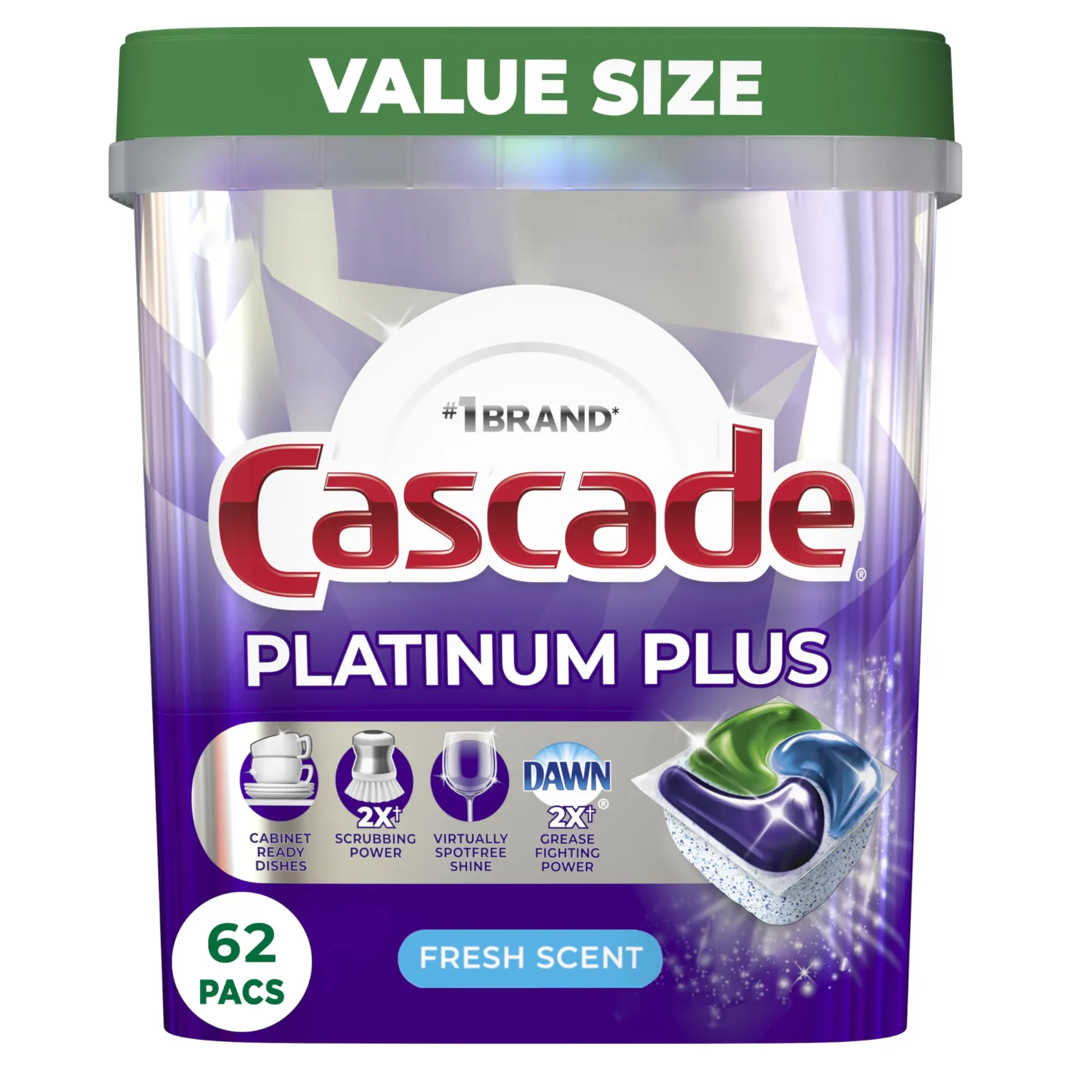 Cascade Platinum Plus ActionPacs Dishwasher Detergent Pods, Fresh, 62 Count