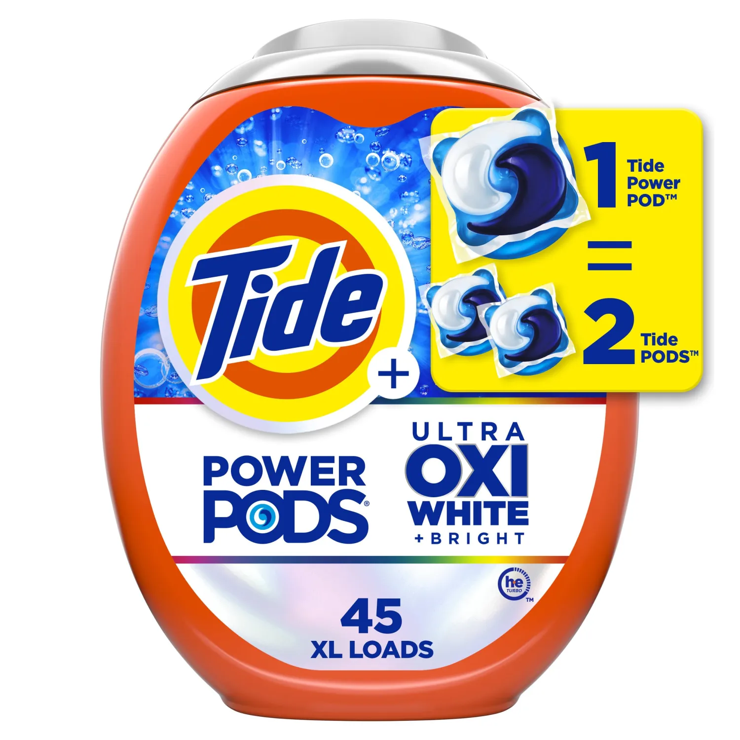 Tide Power PODS Plus Ultra OXI White and Bright Laundry Detergent, 45 Count, Advanced Stain Removal and Whitening Power