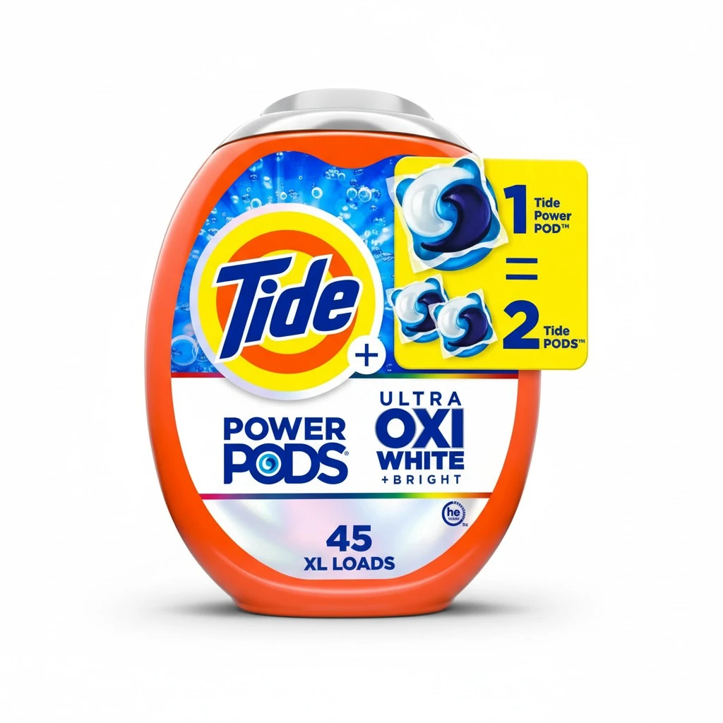 Tide Power PODS Plus Ultra OXI White and Bright Laundry Detergent, 45 Count, Advanced Stain Removal and Whitening Power