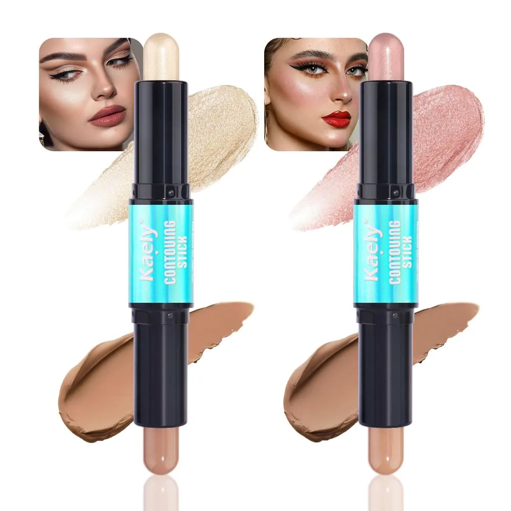 Kaely 2Pcs Cream Bronzer Highlighter Stick,Face Shaping Contouring Sticks,Cheek Contour Palette Kit for Beginners,maquillaje contorno en crema Bronzing Concealer Stick,Brightens & Shades Makeup,02+03