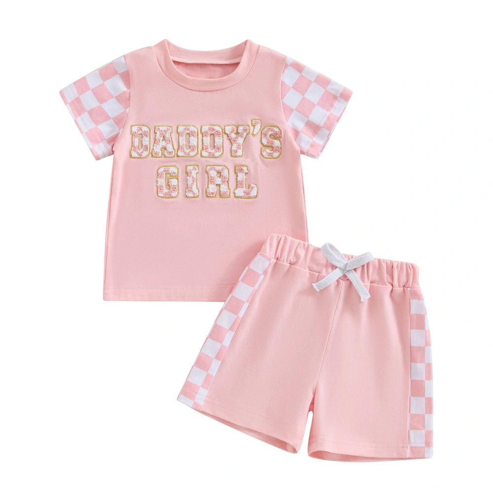 Baby Girls Shorts Set, Short Sleeve Letters T-shirt with Plaid Shorts 