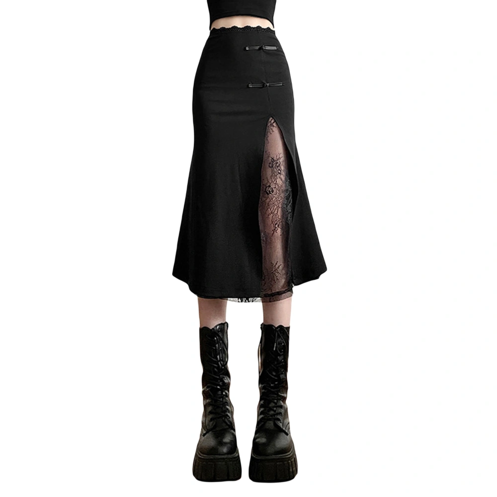 Women's Midi Skirts Retro Lace Patchwork Slit High Waist Skirts