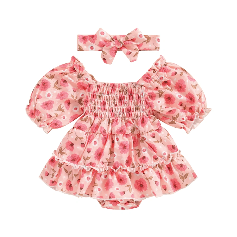 Newborn Girl Outfit, Off-shoulder Flower Print Romper Dress Headband