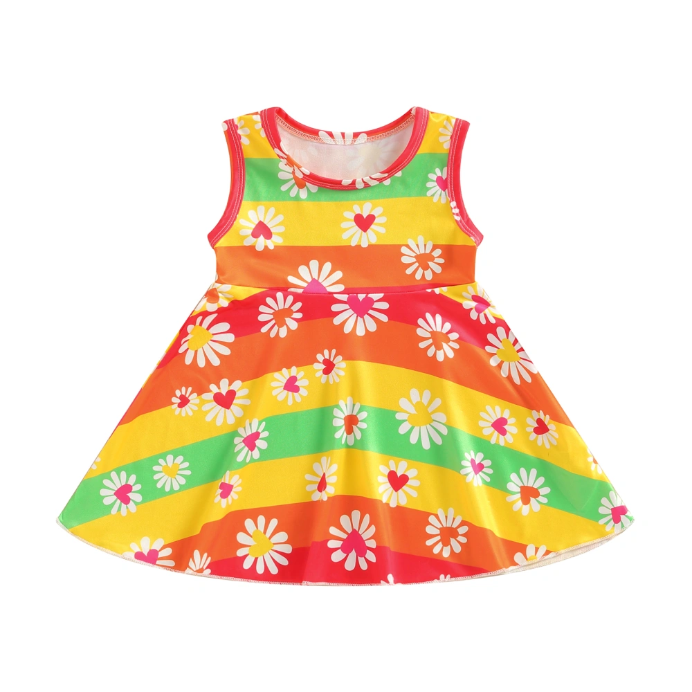 Girls Tank Dress, Sleeveless Crew Neck Striped Flower A-line Dress