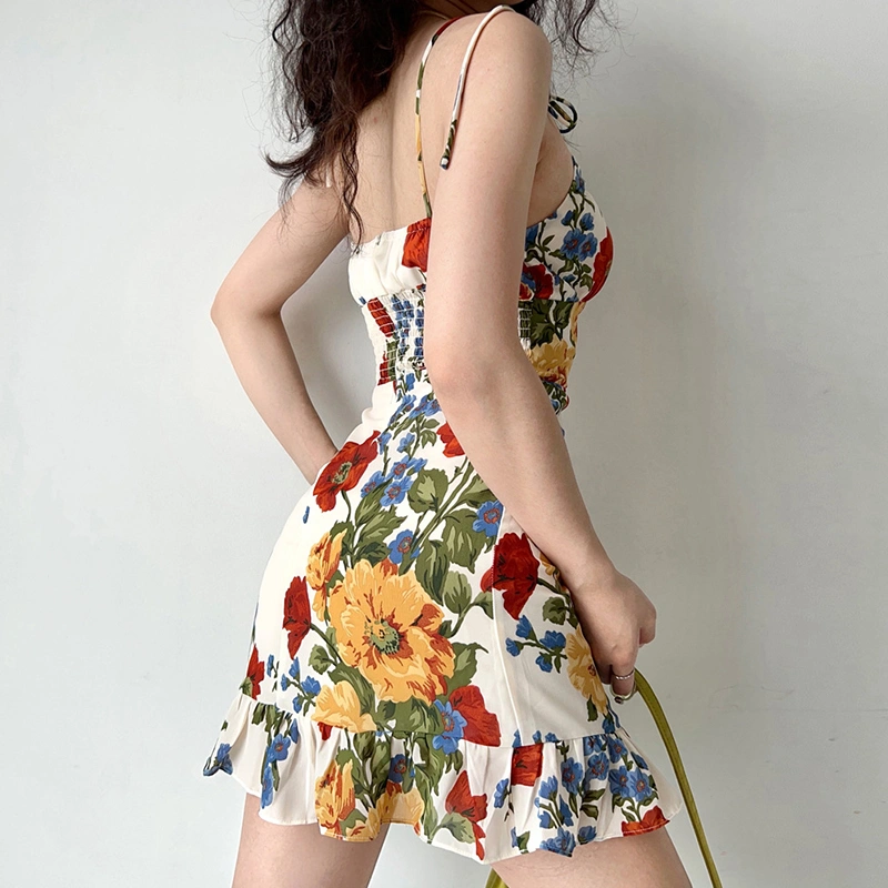 Women's Floral Print Cami Dress Tie-Up Spaghetti Strap Mini Dress