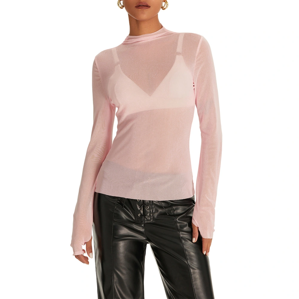 Women Sheer Mesh Tops Long Sleeve Turtleneck Slim Fit T-Shirts