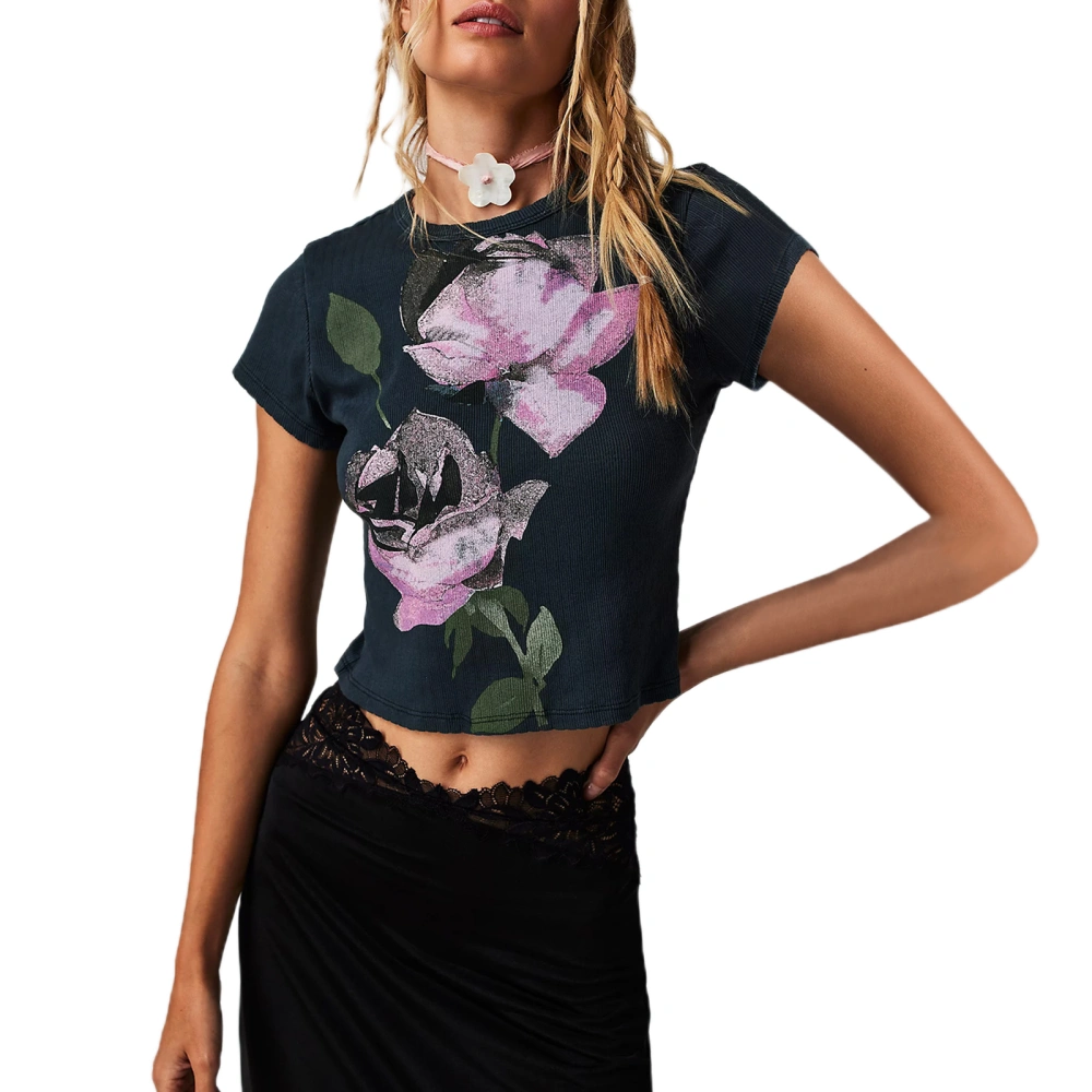 Women Crop Tops Short Sleeve Crewneck Flower Print Short T-shirt