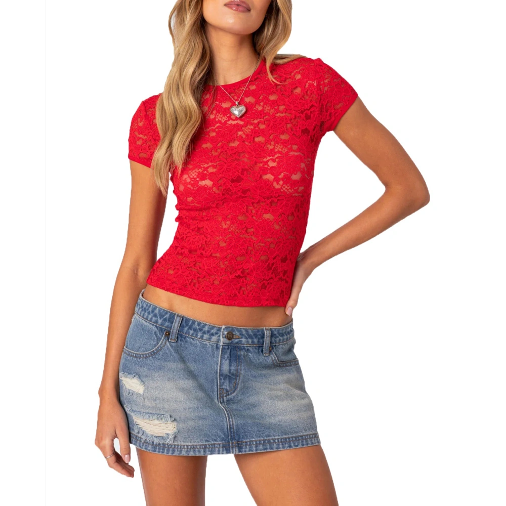 Women's Lace Tops Casual Slim Fit Round Neck Short Sleeve T-Shirt 