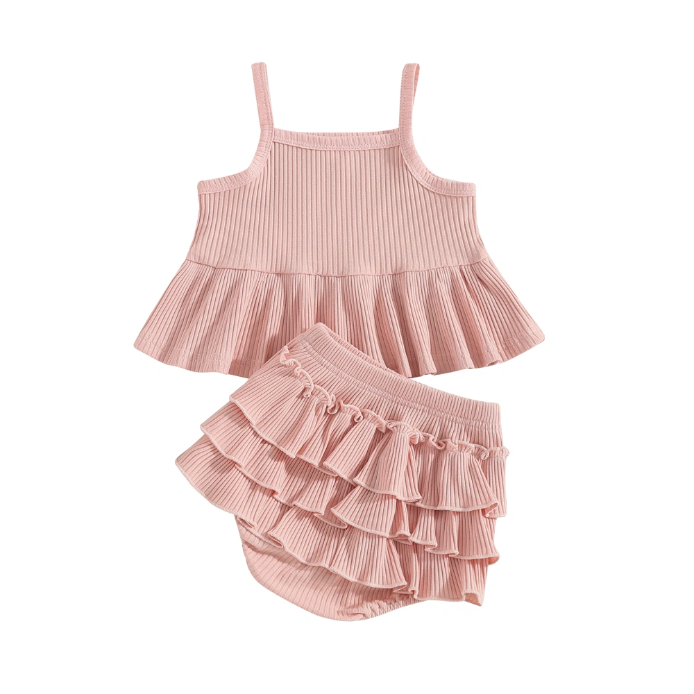 Girls Shorts Sets Solid Color Cami Tops Tiered Ruffle Shorts Sets