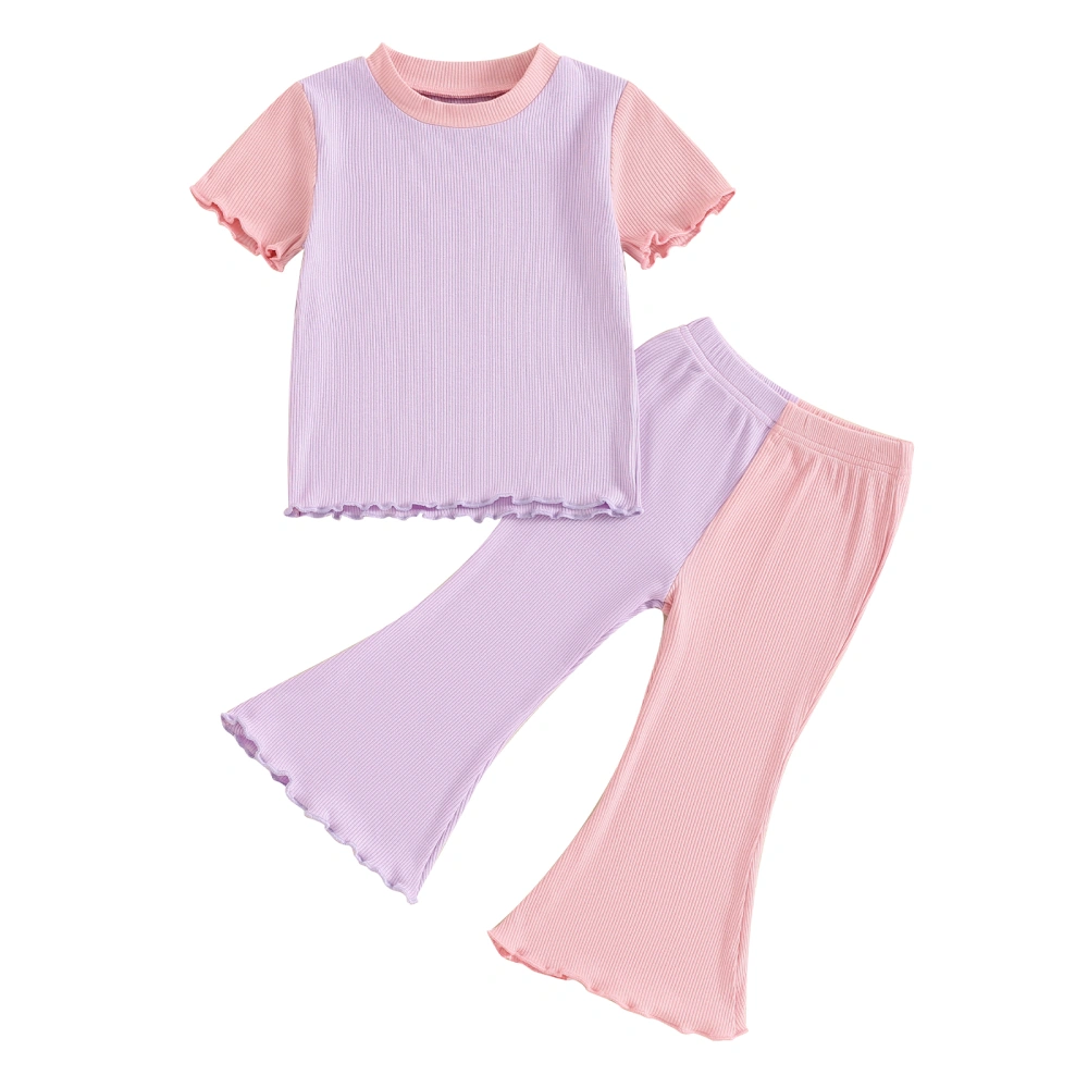 Girls Pants Set, Contrast Color Short Sleeve Crew Neck T-shirt Pants