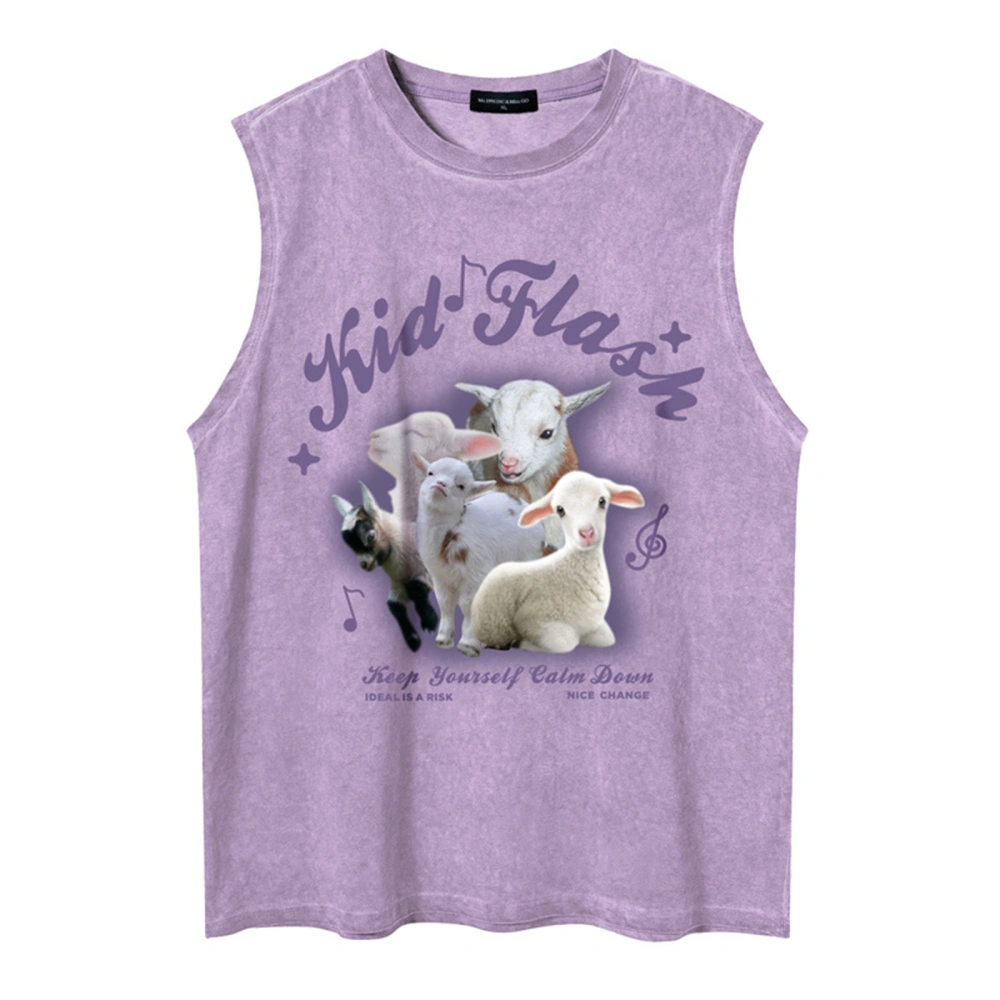 Adult Summer Loose Tank Tops Letter Sheep Print Round Neck Vest 