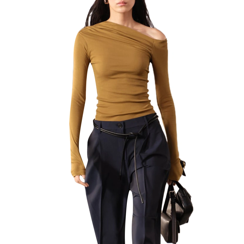 Women Long Sleeve T-Shirts Solid Color Oblique Shoulder Shirts