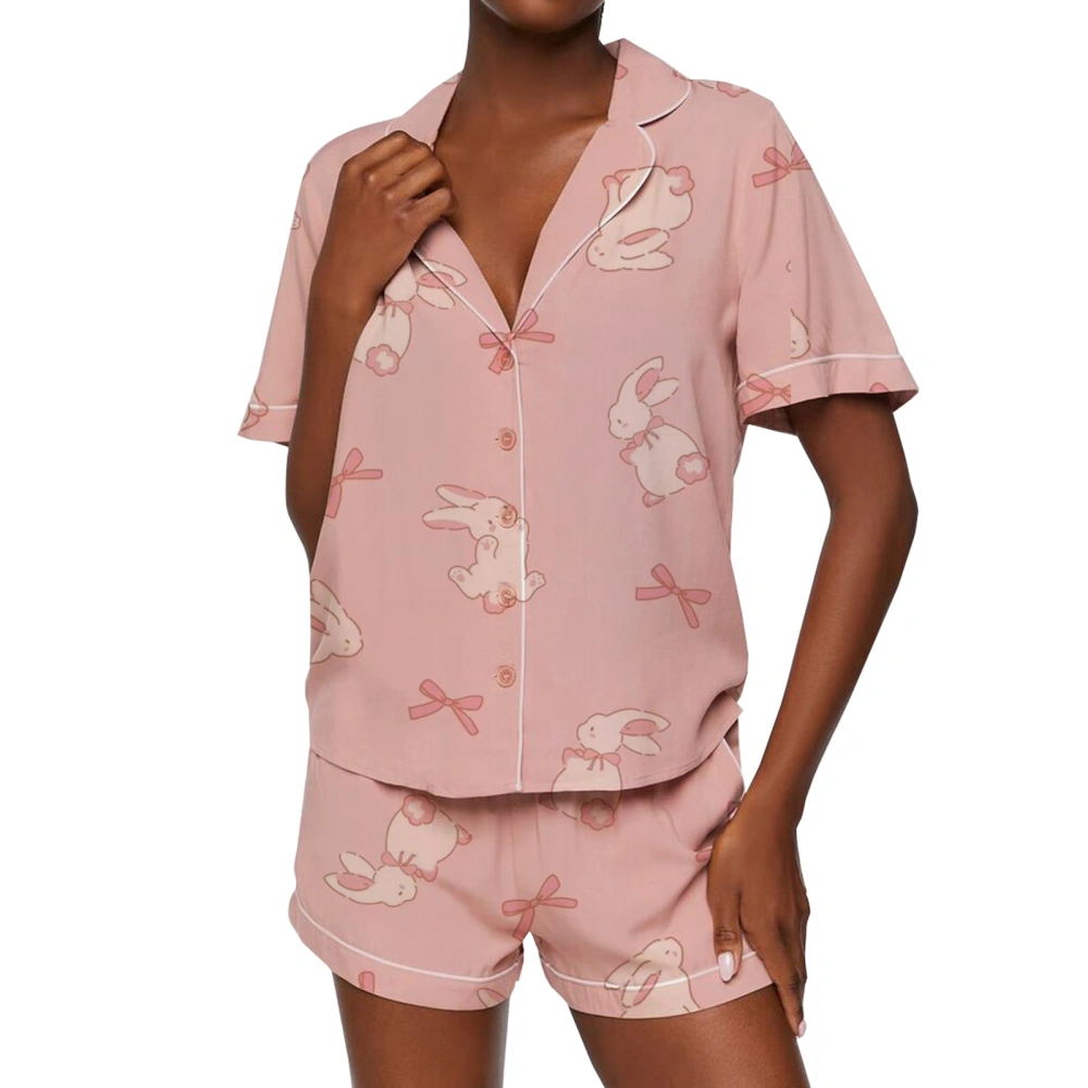 Women 2 Piece Pajamas Set Bunny Print Short Sleeve Shirt + Shorts Set