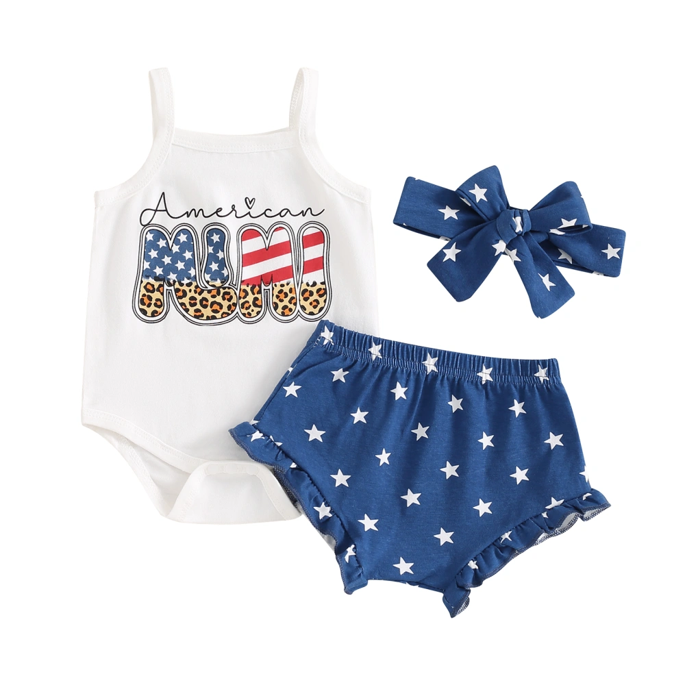 Girl 4th of July Outfit Spaghetti Strap Romper Shorts Headband 