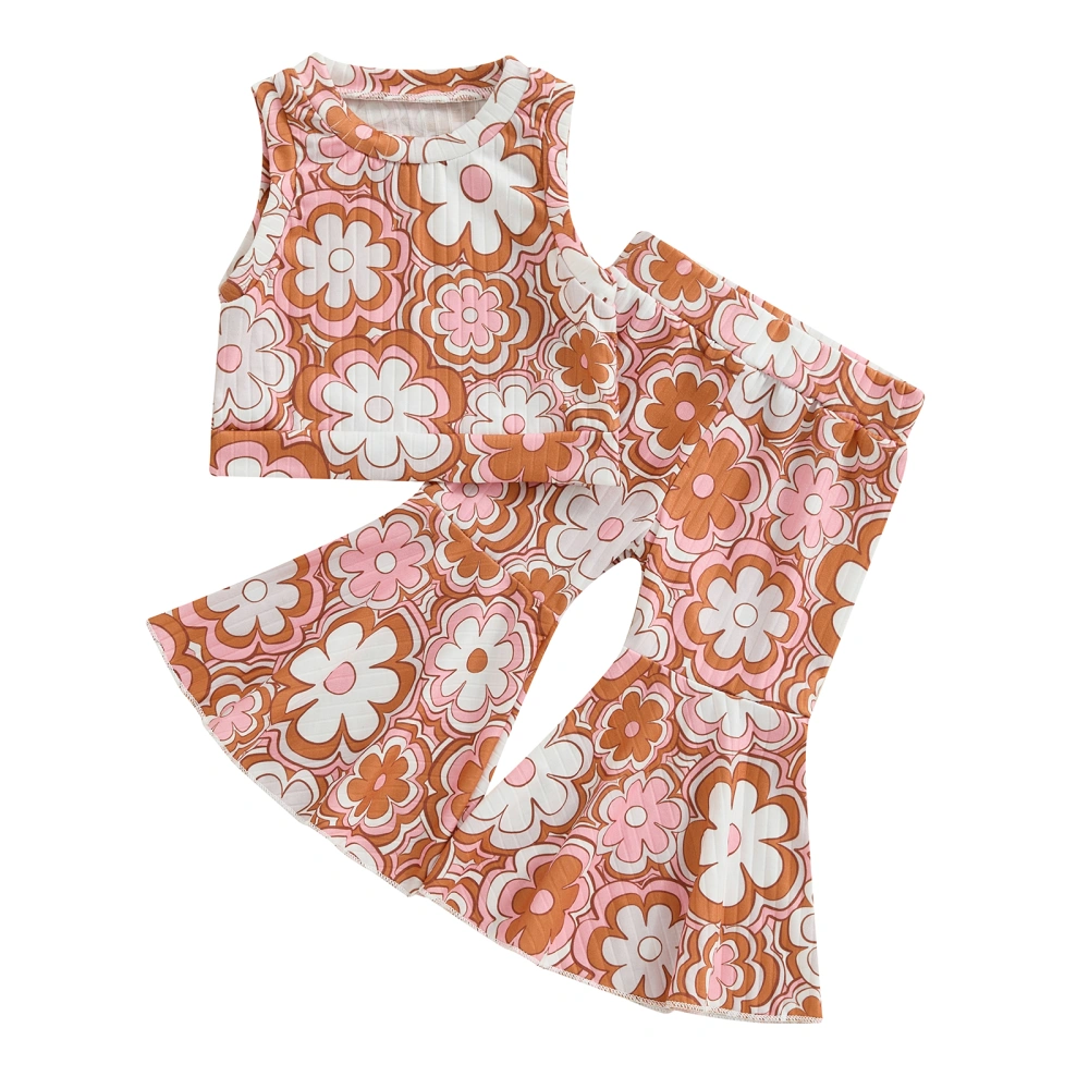 Girls Pants Set, Flower Print Sleeveless Tank Top with Flare Pants