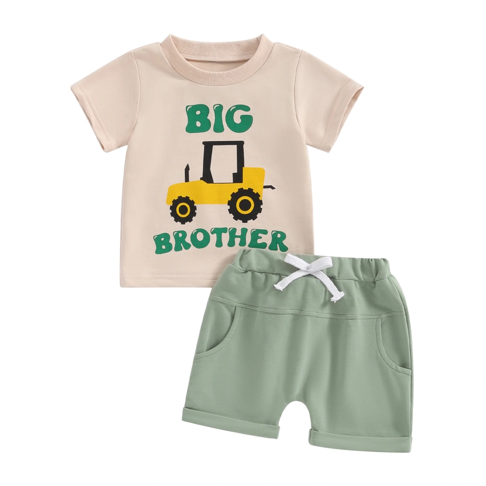 Boy Summer Outfit Letter Tractor Print Short Sleeve Tops Solid Shorts 