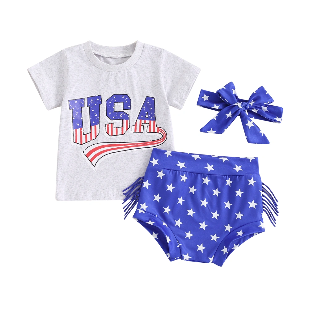 Baby Girl 4th of July Outfits Tops + Star Shorts + Headband Set