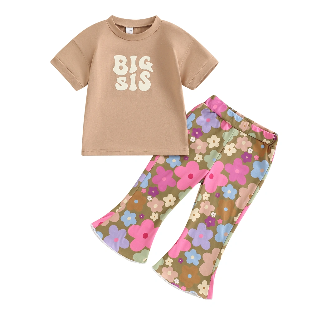 Girl 2PCS Pants Set Short Sleeve Letter Print Tops Floral Flared Pants