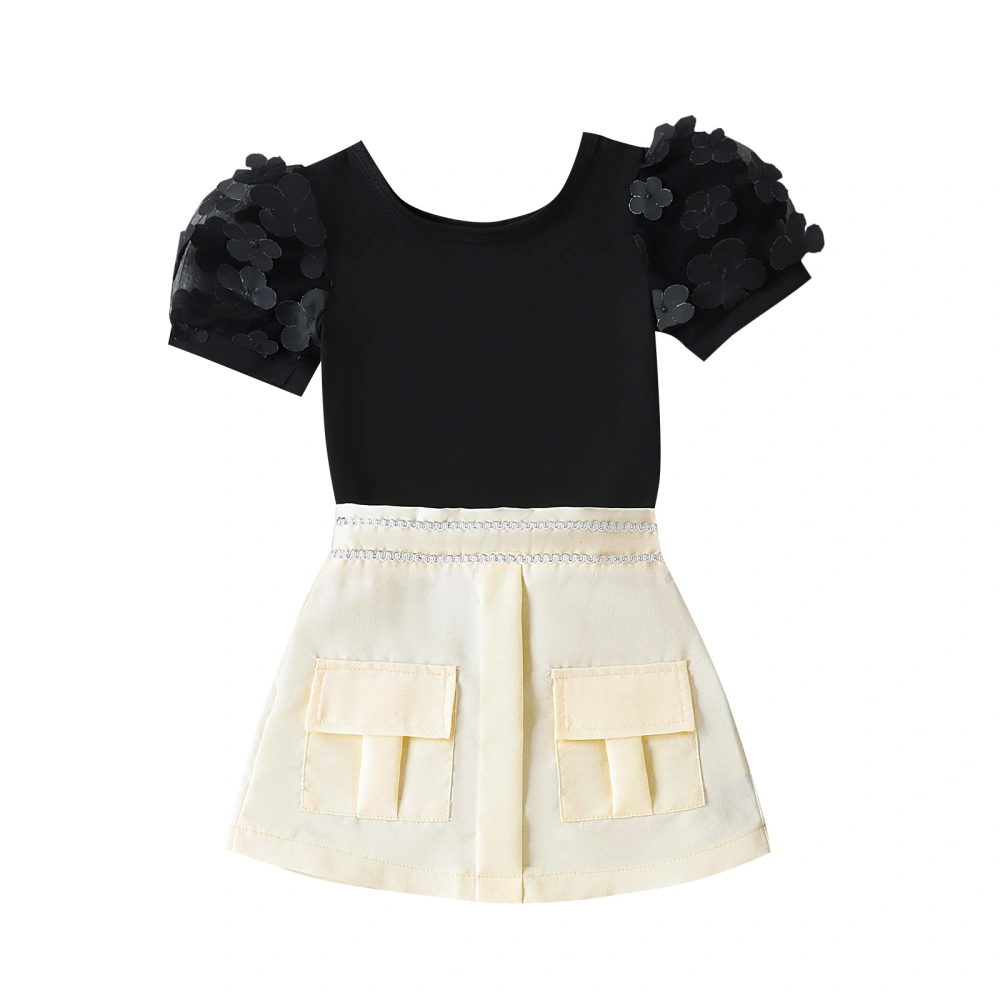 Kids Girls Skirt Set Popcorn Print T-shirt with Irregular Denim Skirt