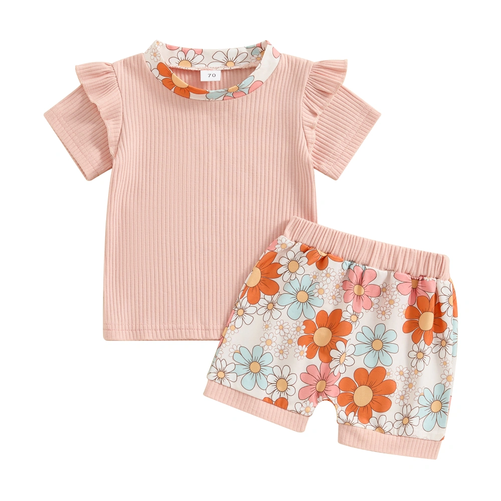 Girls Shorts Sets Pink Short Sleeve Crewneck Ruffle Tops Floral Shorts