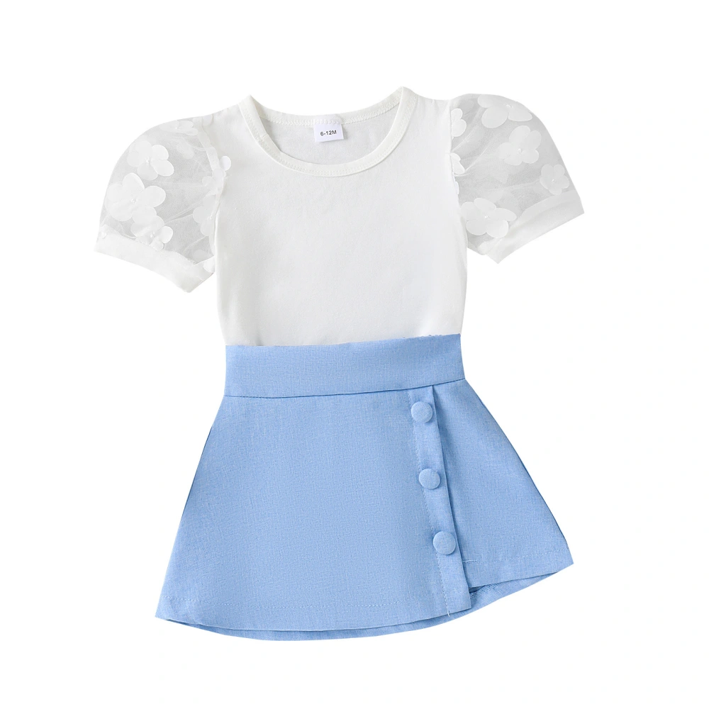 Girls Summer Outfits Floral Mesh Short Puff Sleeve Tops A-Line Skirt