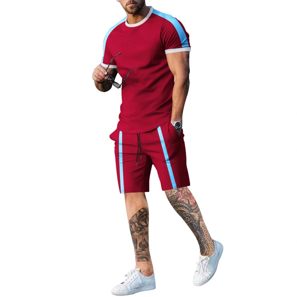 Men 2 Piece Summer Outfit Contrast Color T-Shirt and Drawstring Shorts