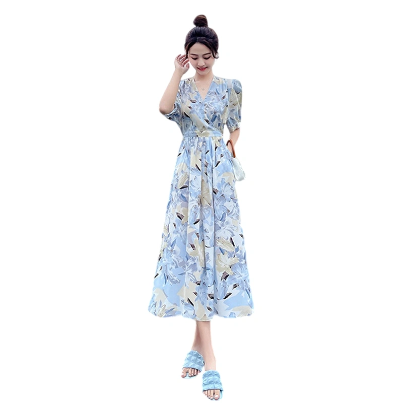 Women's Floral Long Dress Short Sleeve V-Neck A-Line Chiffon Dress