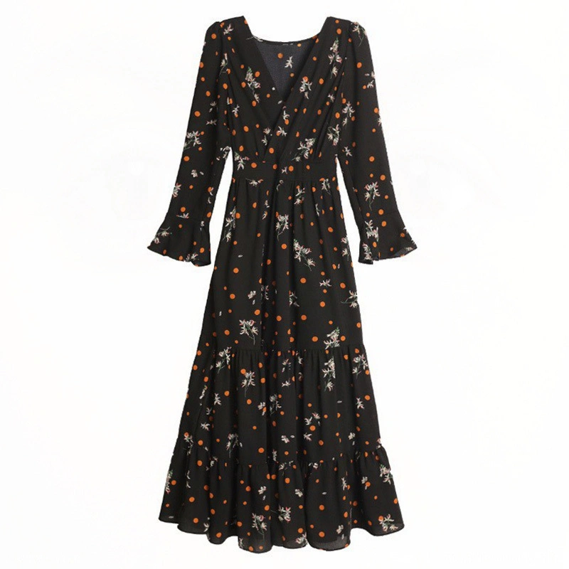 Women's Floral Print Long Dress Flare Sleeve V-Neck Flowy Dress