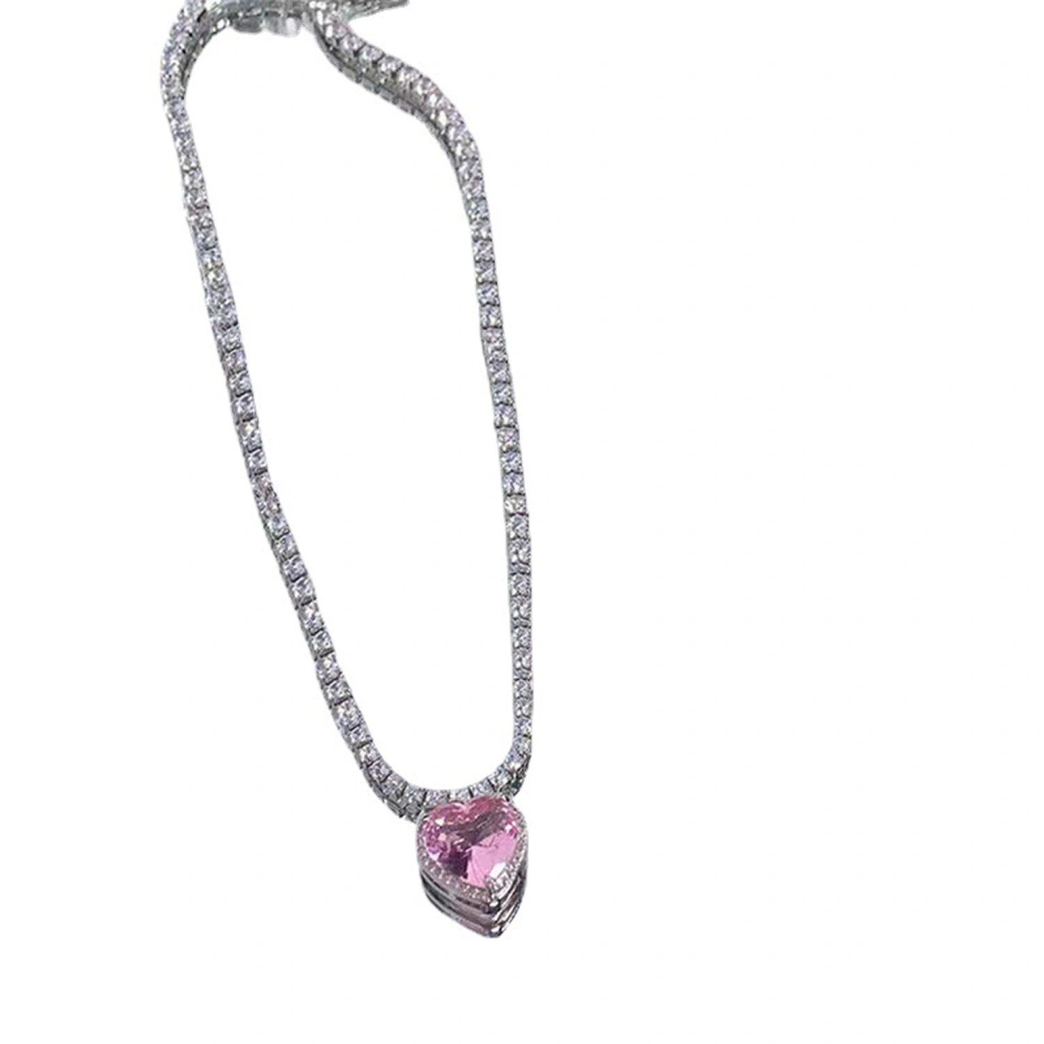 Pink Heart Necklace Sparkle Crystal Heart Pendant Necklace Jewelry